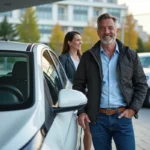 Homme d'âge moyen avec voiture compacte en concession urbaine