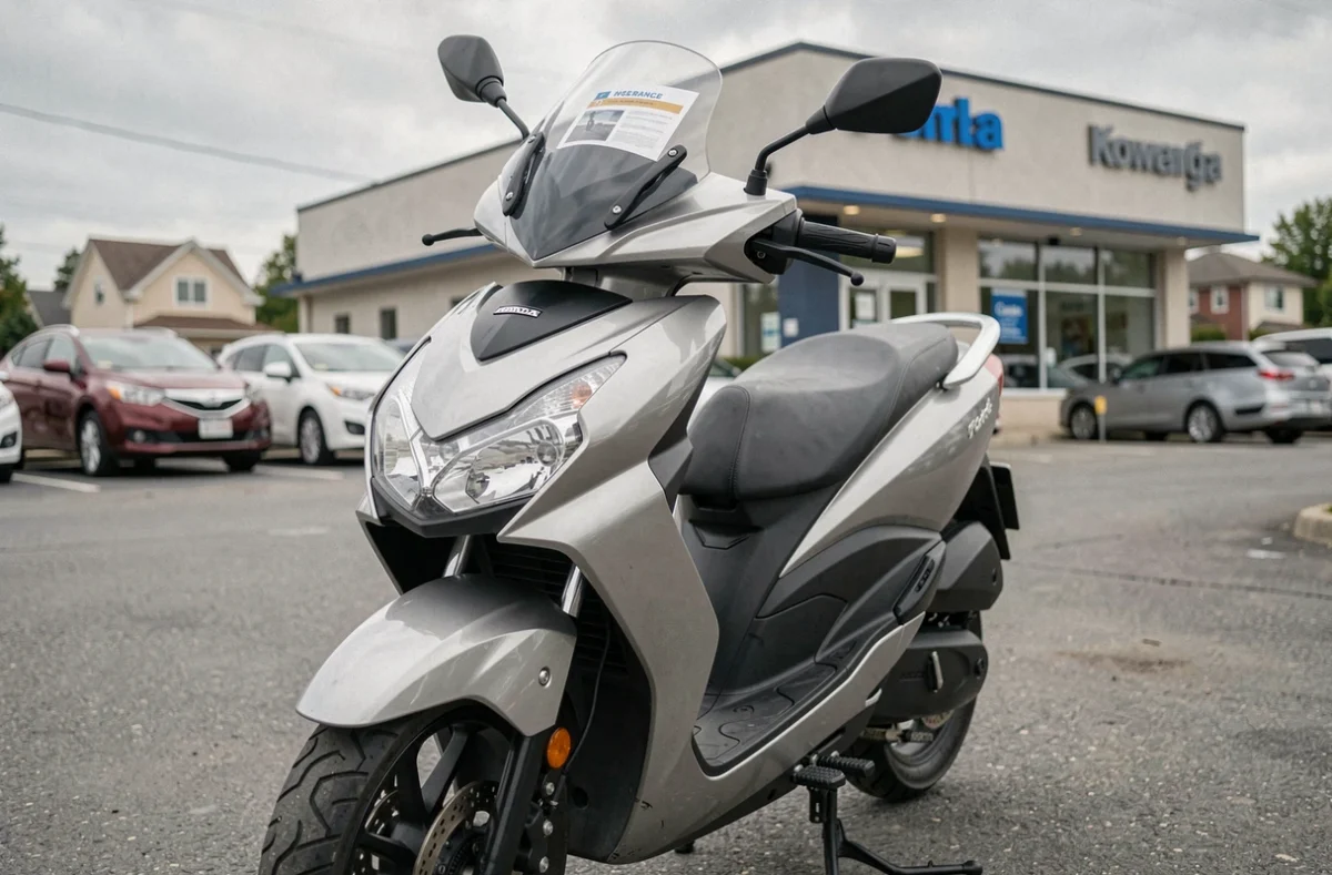 Honda Forza 350 garé devant une concession avec une brochure d'assurance moto visible