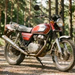 Honda XL 500 S vintage garée sur un chemin forestier, vue 3/4 avant grand angle, détail enduro trail