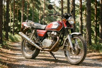 Honda XL 500 S vintage garée sur un chemin forestier, vue 3/4 avant grand angle, détail enduro trail