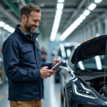 Ingénieur français examine un véhicule électrique innovant