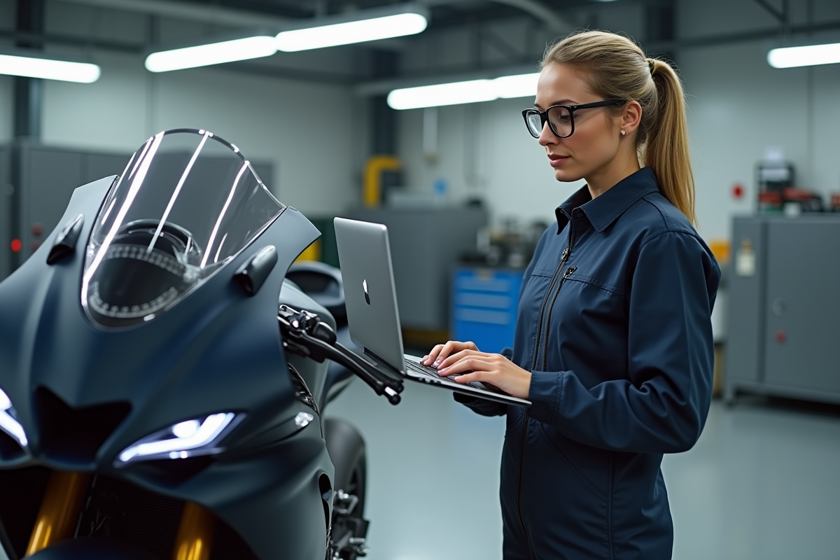 Femme ingénieure examinant une moto dans un atelier moderne