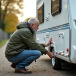 Homme inspectant l'extérieur d'une caravane d'occasion dans une allée de gravier lors d'un achat entre particuliers