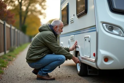 Homme inspectant l'extérieur d'une caravane d'occasion dans une allée de gravier lors d'un achat entre particuliers