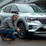 Homme inspectant la carrosserie d'une Renault Symbioz gris rafale d'occasion dans un parc automobile
