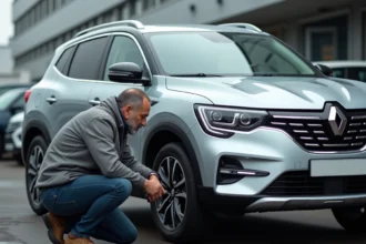 Homme inspectant la carrosserie d'une Renault Symbioz gris rafale d'occasion dans un parc automobile