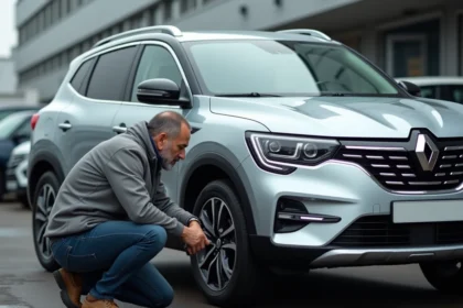 Homme inspectant la carrosserie d'une Renault Symbioz gris rafale d'occasion dans un parc automobile