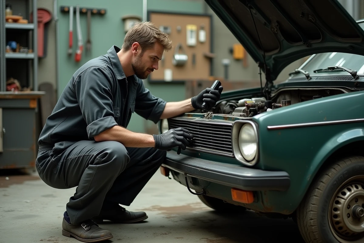 Mécanicien inspectant le moteur d'une voiture d'occasion avant achat dans un garage indépendant