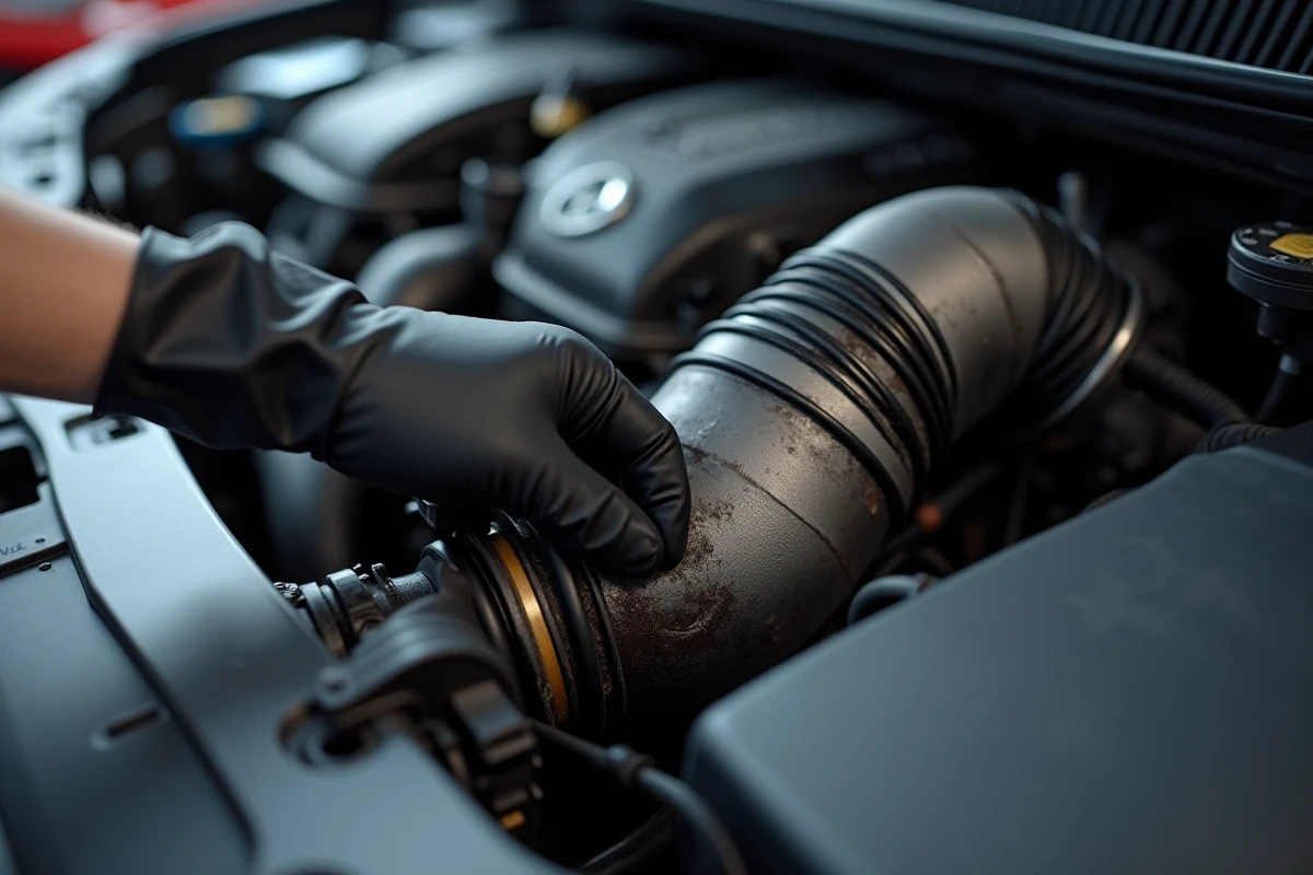 Inspection détaillée du compartiment moteur d'une Peugeot révélant une durite d'admission fissurée responsable de perte de puissance