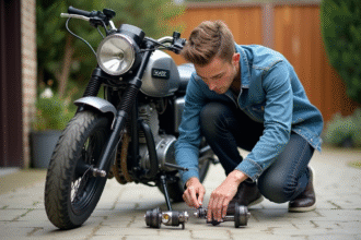 Jeune homme inspectant une moto Dax et ses axes