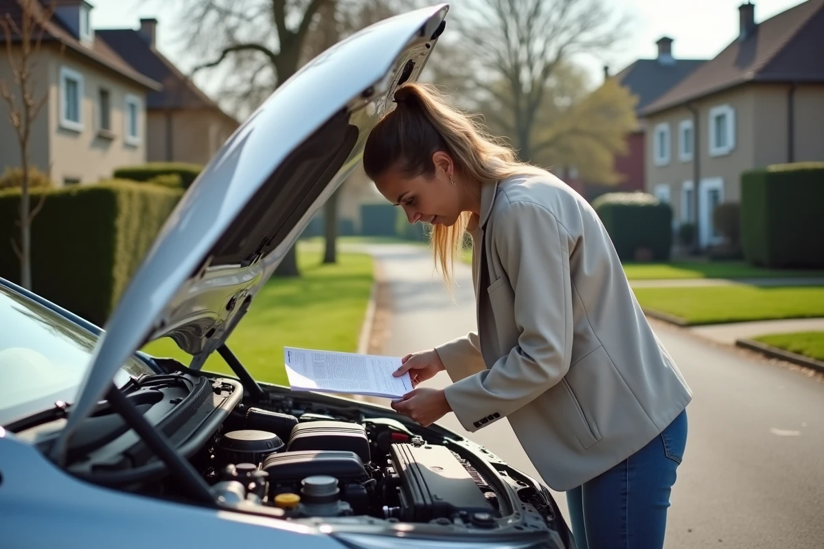 Femme inspectant une voiture familiale pour vérifier les caractéristiques techniques liées aux chevaux fiscaux