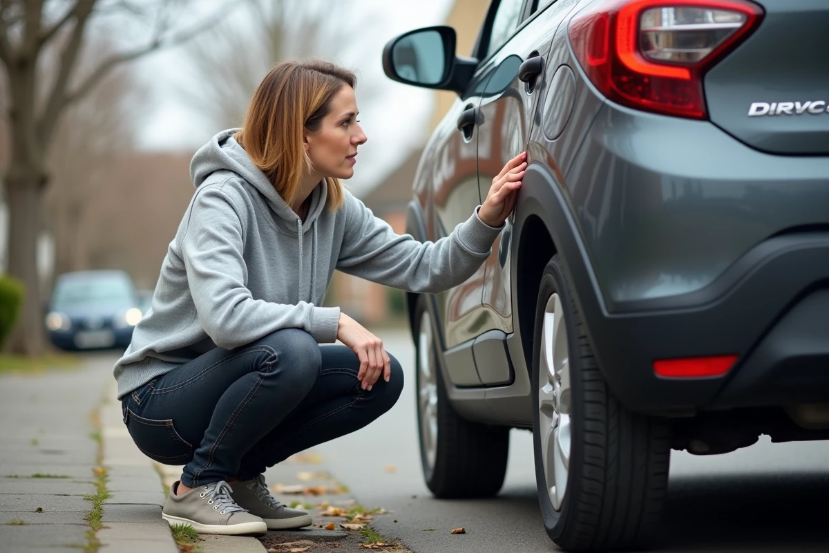 Femme inspectant l'état extérieur d'une voiture diesel d'occasion avant achat dans une rue résidentielle