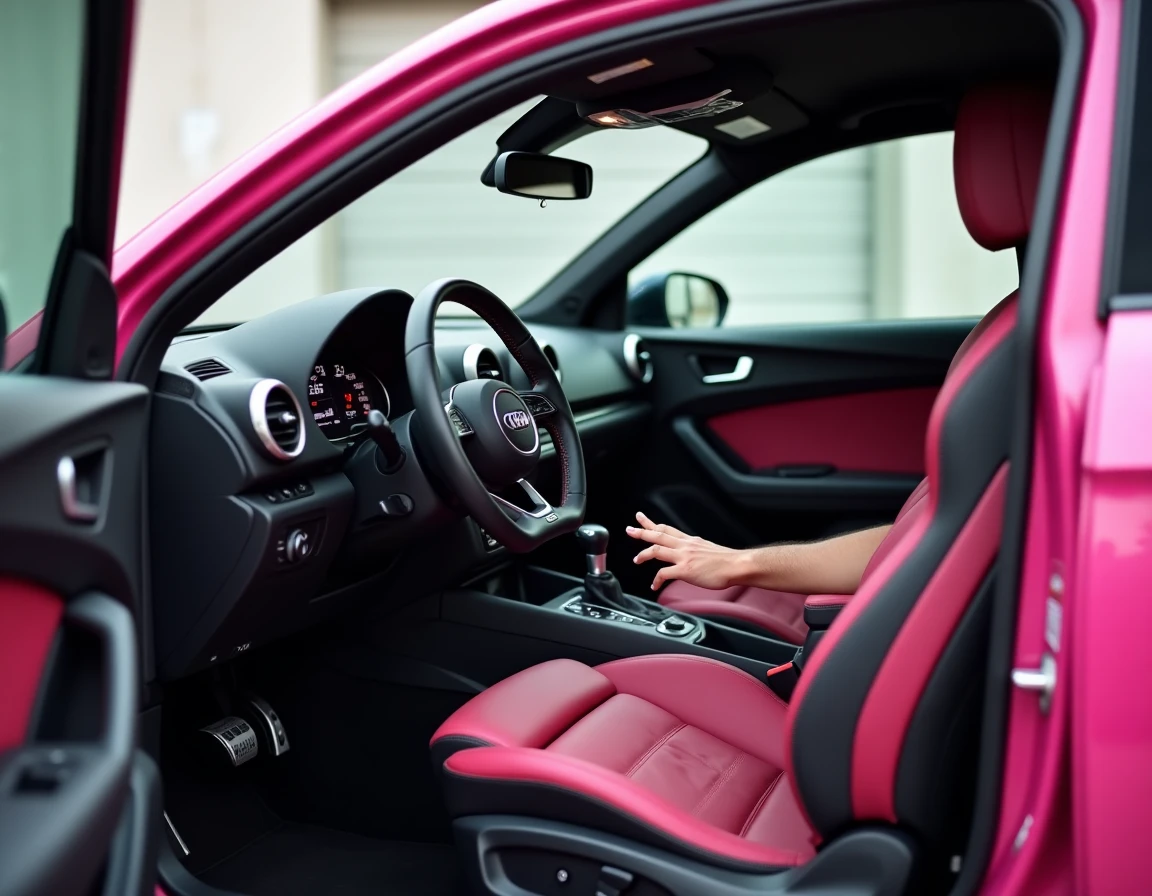 Intérieur de l'Audi A1 rose avec tableau de bord, volant sport et sièges en cuir cousu