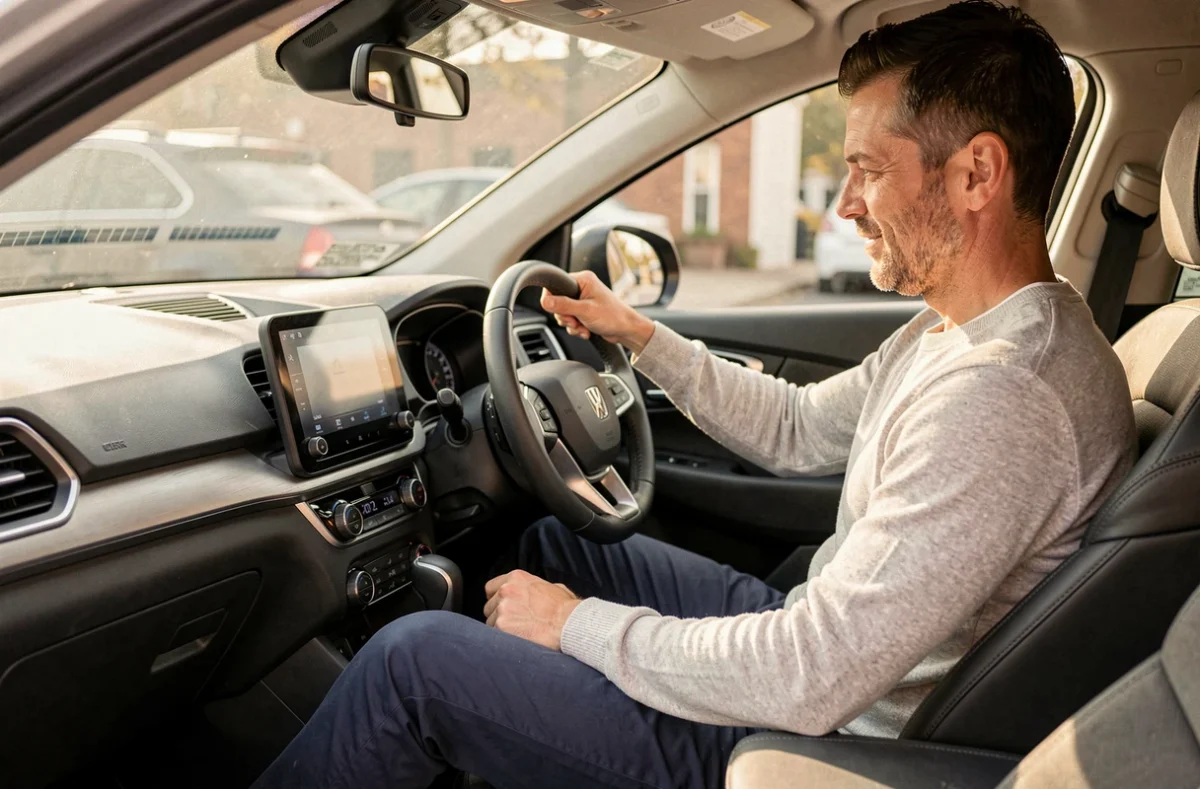 Homme au volant d'un SUV compact consultant l'écran tactile du tableau de bord avec intérieur moderne