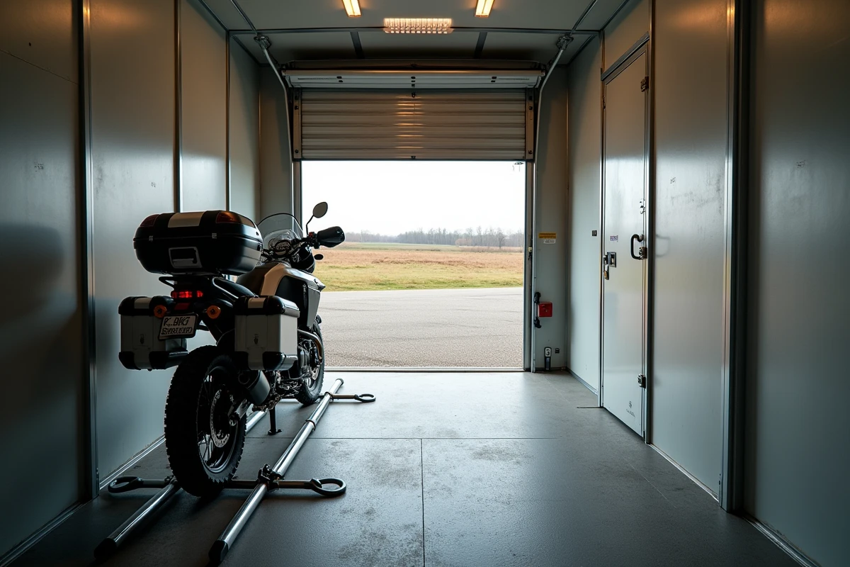 Intérieur du garage d'un camping-car poids lourd avec une moto sécurisée par des sangles sur un plancher en caoutchouc