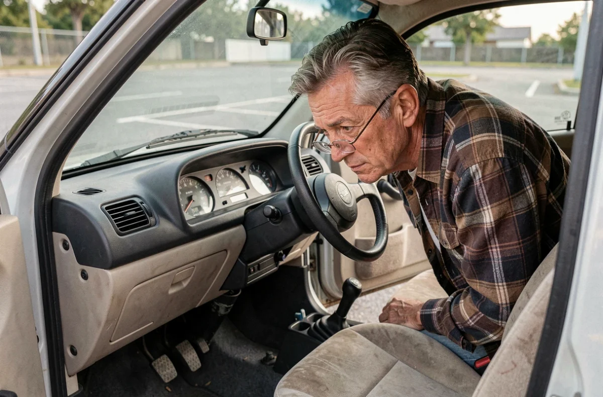 Homme inspectant l'intérieur et le tableau de bord d'une voiture sans permis d'occasion à petit budget