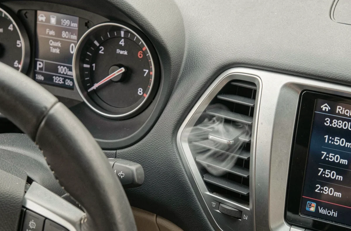 Gros plan sur la jauge de carburant et la grille de climatisation d'un tableau de bord de voiture essence, illustrant la surconsommation liée à la climatisation