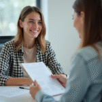 Jeune adulte souriant recevant un manuel de code et documents