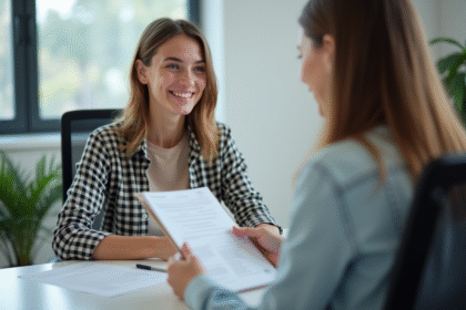 Jeune adulte souriant recevant un manuel de code et documents