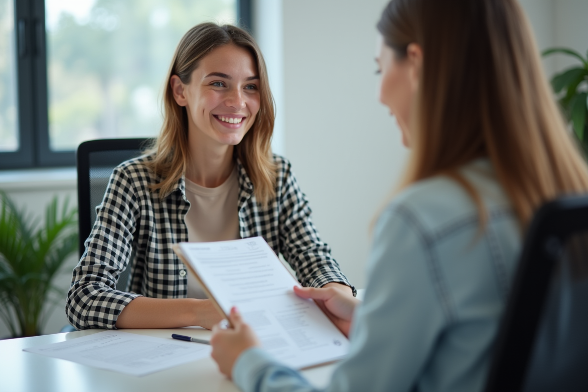 Jeune adulte souriant recevant un manuel de code et documents