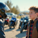 Jeune apprenti moto écoute instructeur en extérieur