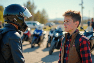 Jeune apprenti moto écoute instructeur en extérieur