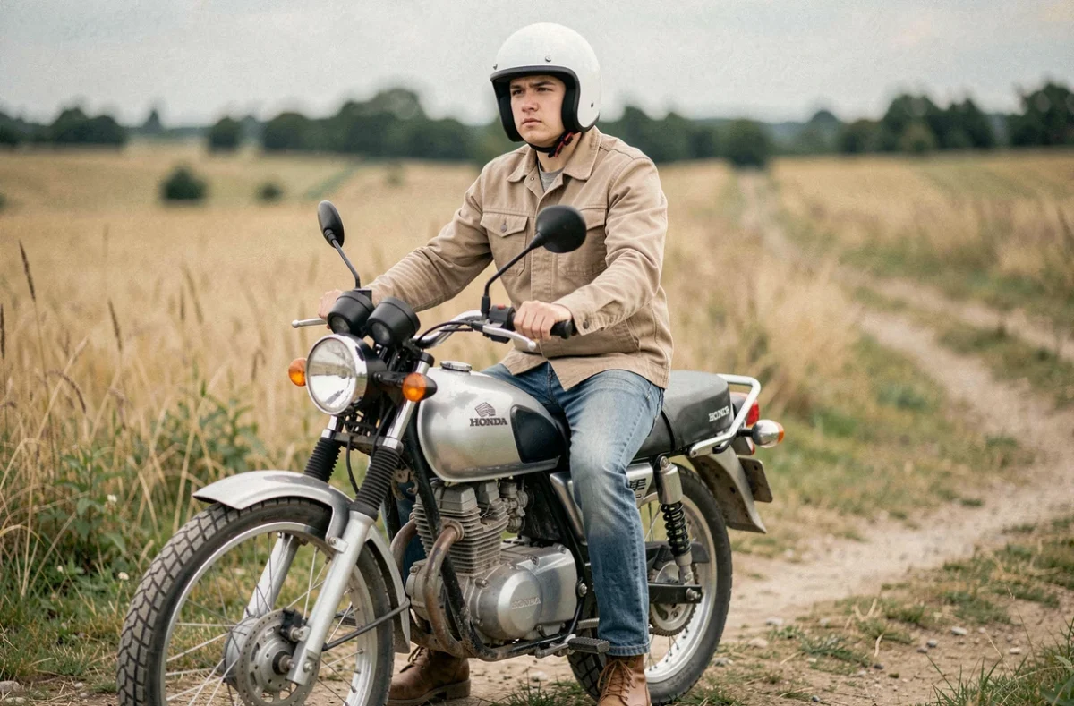 Jeune motard débutant assis sur une Honda XL 500 R dans un champ, équipement trail, vue portrait 3/4