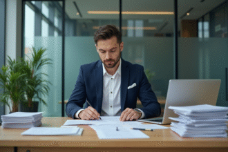 Jeune entrepreneur en bureau moderne avec papiers et ordinateur