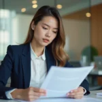 Jeune femme en blazer navy travaillant au bureau