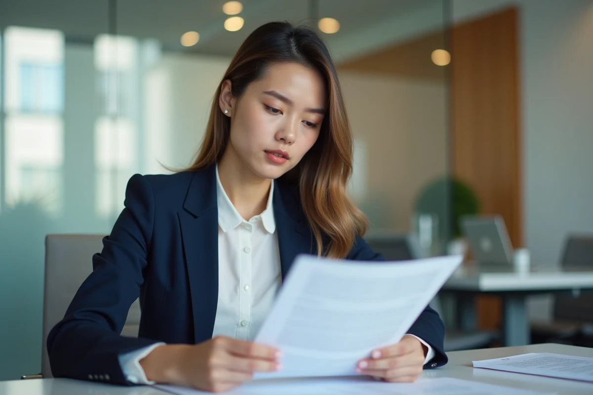 Jeune femme en blazer navy travaillant au bureau