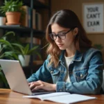 Jeune femme en denim et lunettes concentrée sur sa tablette