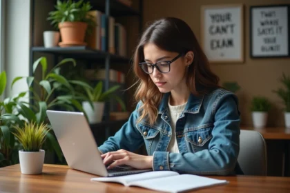 Jeune femme en denim et lunettes concentrée sur sa tablette