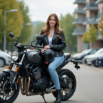 Jeune femme en moto casual sur une moto en parking