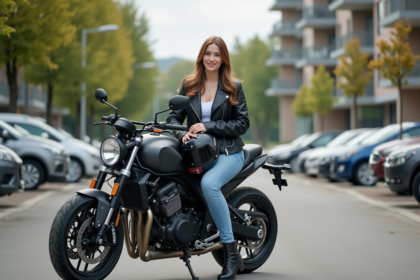 Jeune femme en moto casual sur une moto en parking