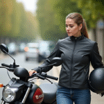Jeune femme avec veste moto et casque à côté d'une moto en ville