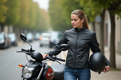 Jeune femme avec veste moto et casque à côté d'une moto en ville