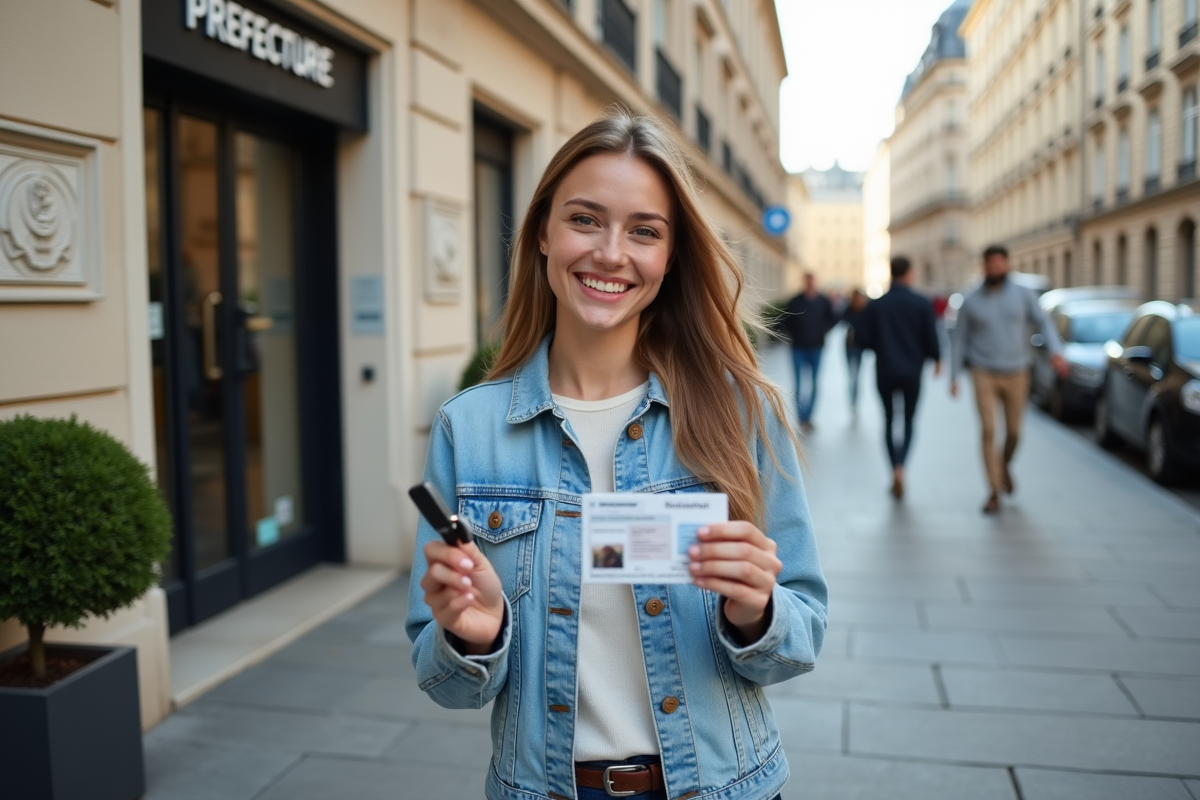 Jeune femme souriante devant un bâtiment officiel