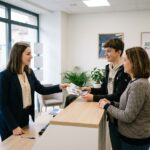 Jeune femme en business casual à la réception d'une école de conduite