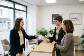 Jeune femme en business casual à la réception d'une école de conduite