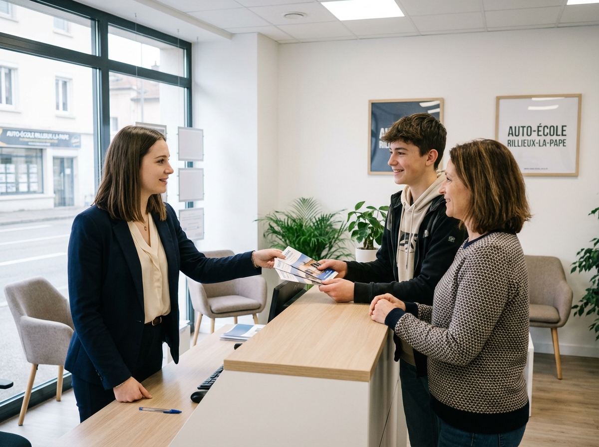 Jeune femme en business casual à la réception d'une école de conduite