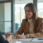 Jeune femme remettant son ancien permis au guichet
