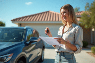 Jeune femme souriante avec clés voiture en main
