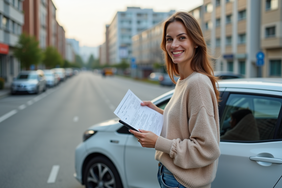 Jeune femme souriante avec son véhicule en ville
