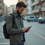 Jeune homme regardant une application sur son smartphone dehors