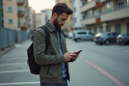 Jeune homme regardant une application sur son smartphone dehors