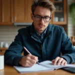 Jeune homme concentré à faire des calculs dans la cuisine
