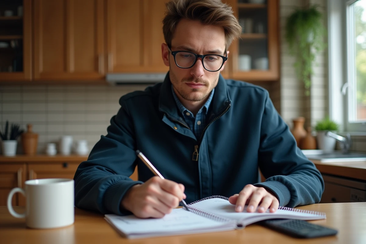 Jeune homme concentré à faire des calculs dans la cuisine