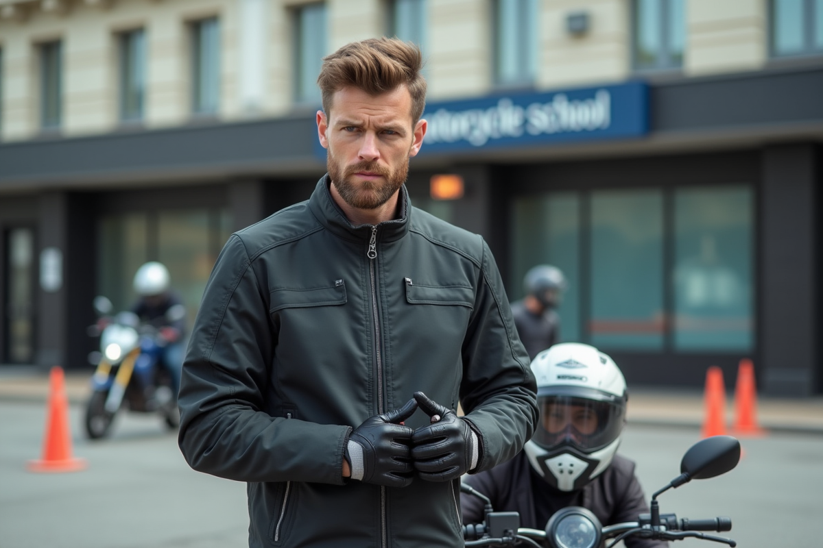 Jeune homme en formation devant une école de moto