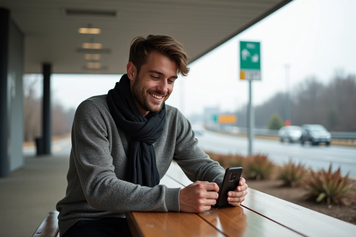 Jeune homme utilisant un GPS sur smartphone au station service
