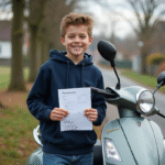 Jeune garçon souriant avec scooter et papier d'immatriculation